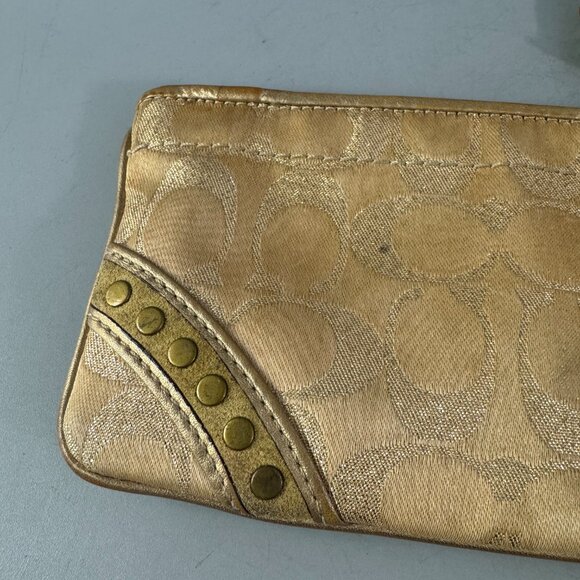 Coach Gold Tan Wristlet Clutch Signature Logo W/ Studs Canva Leather Purse - Picture 6 of 13
